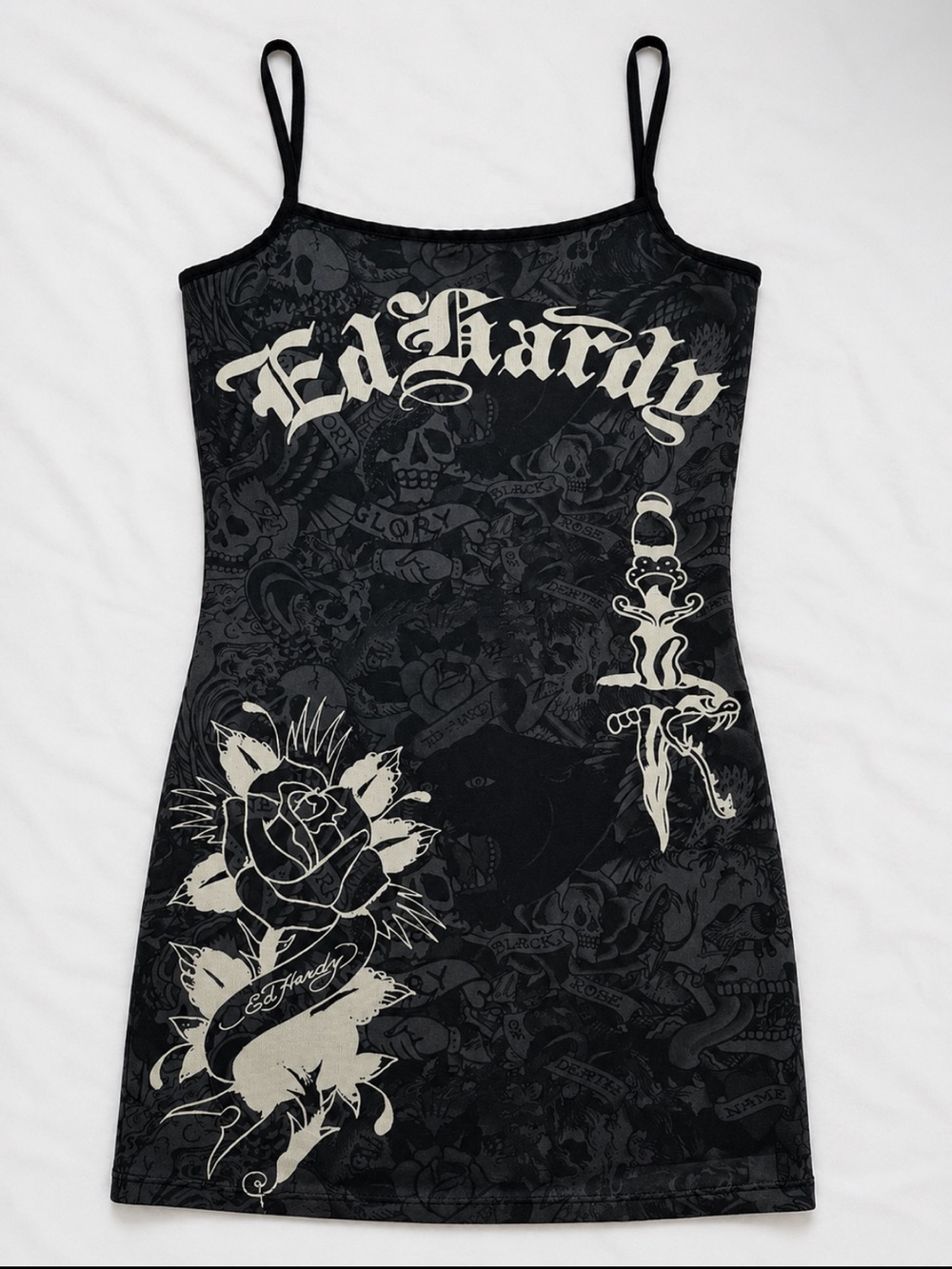 Ed Hardy Black & Cream Graphic Rose Dagger Slip Dress